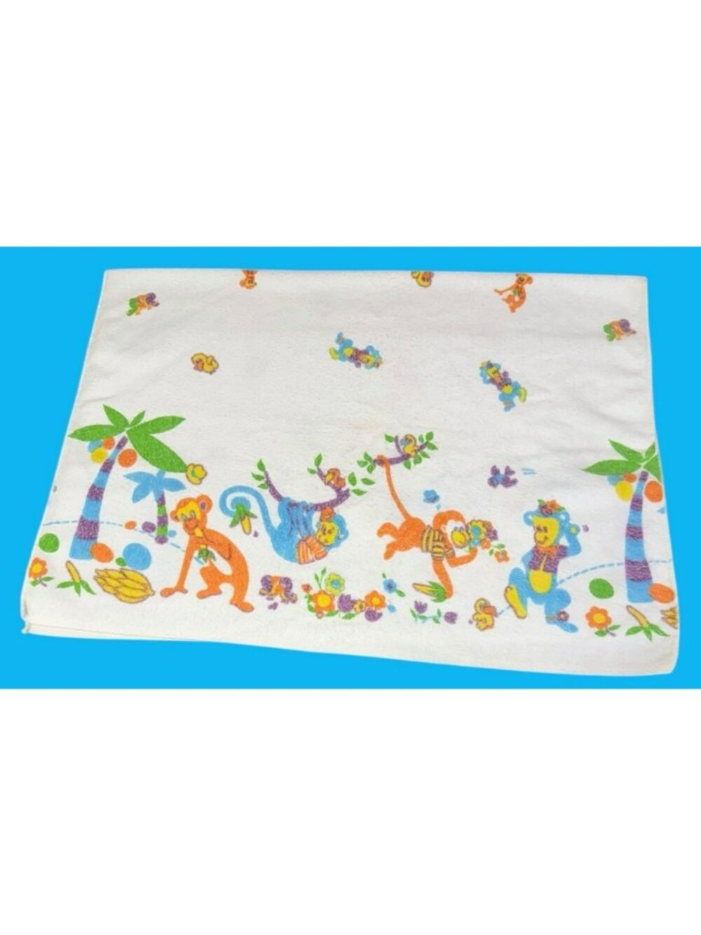 Vintage 1970s Monkey Flannel Baby Receiving Blanket 27x40" Jungle Orange Blue